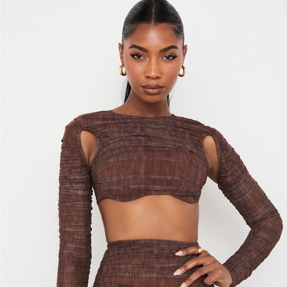 House of CB Tops - House of CB Blythe Chocolate Print Ruched Mesh Cutout Cropped Top